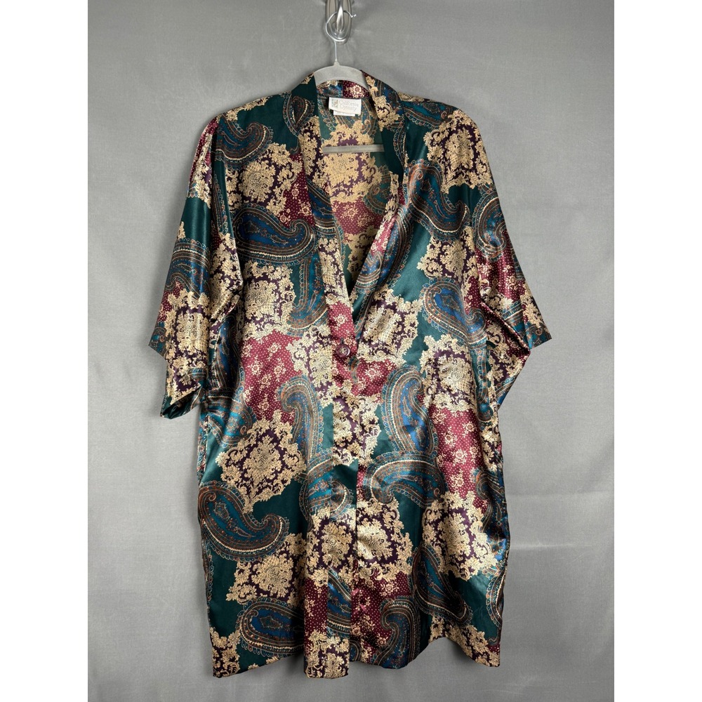 California Dynasty Robe Womens Small Teal Burgundy Paisley Satin Vintage 12641B